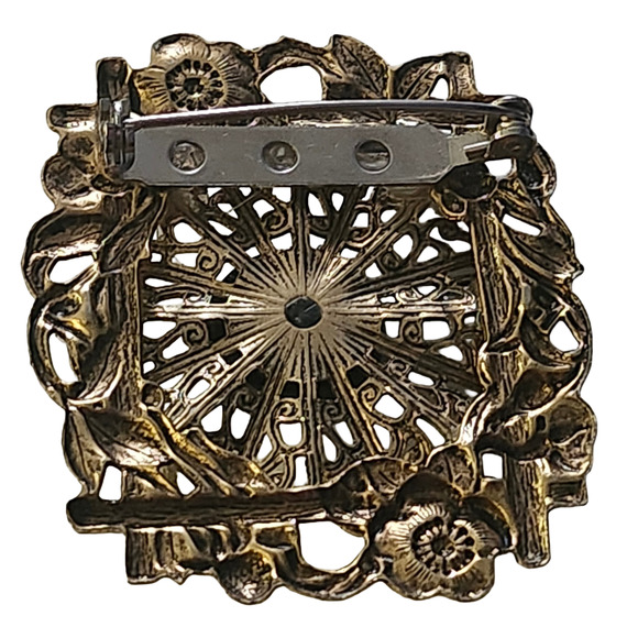 Vtg Filigree Floral Flower Blossoms Gold Tone Rhinestone  Pin Brooch - Picture 3 of 3